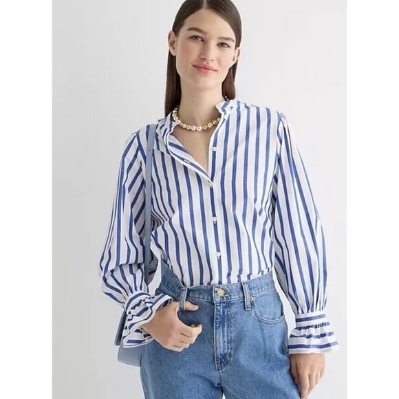 J.Crew Large Long Sleeve w/Ruffle Cuffs Button Up Top Stripes Blouse Blue White - Picture 1 of 14